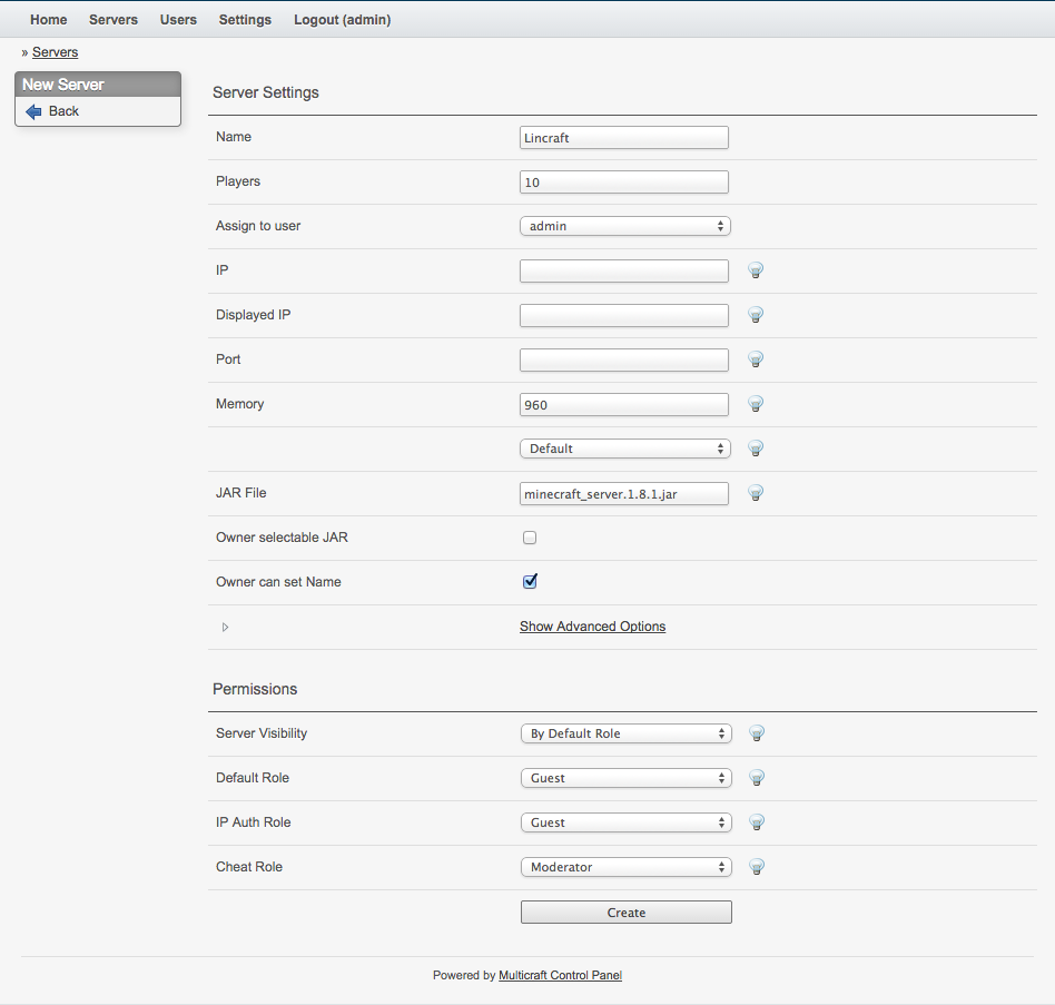 Multicraft Server Settings.